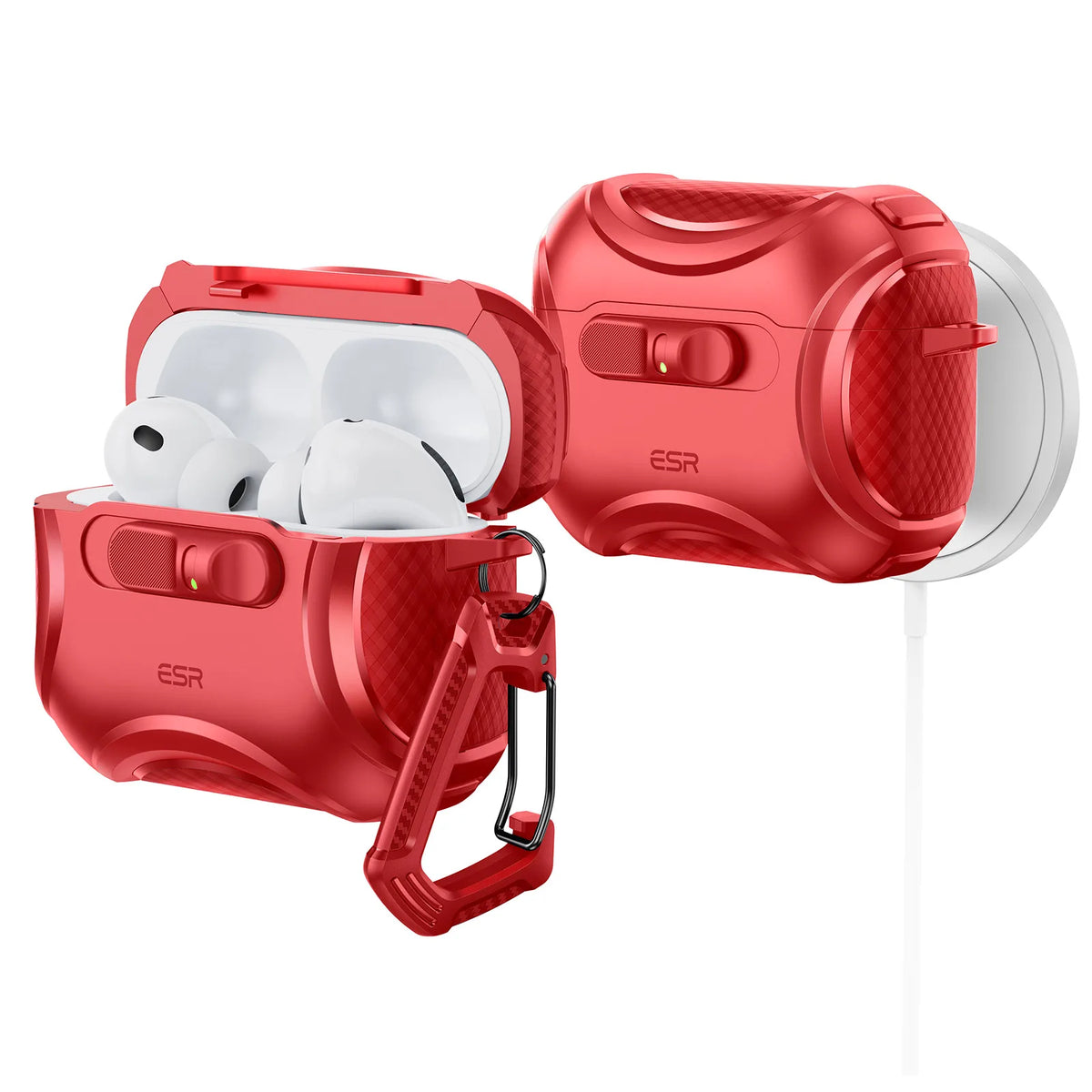 A red magnetic case for AirPods with a flicklock closure and a white charging cable.