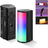 A black magnetic RGB handheld light wand is shown with various lighting effects and a close-up of the light beam.