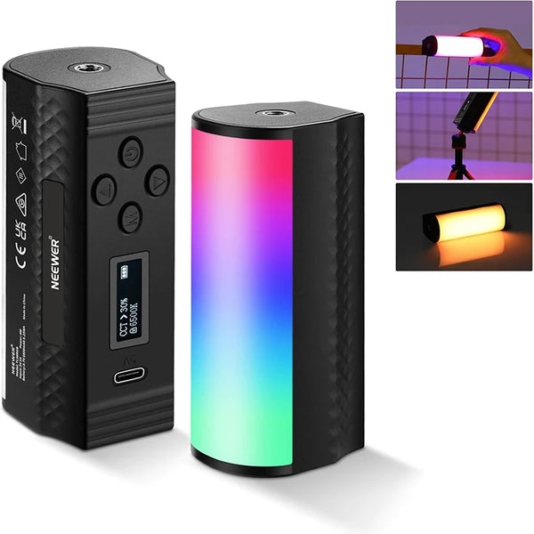 A black magnetic RGB handheld light wand is shown with various lighting effects and a close-up of the light beam.