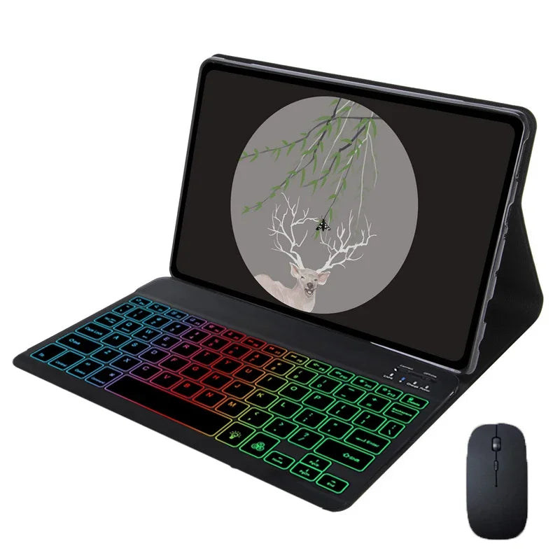 A black laptop case with a rainbow backlit keyboard, featuring a nature-themed design on the screen.