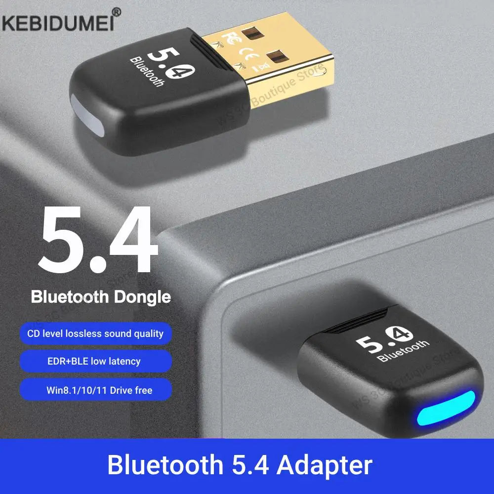 A black Bluetooth 5.4 dongle adapter plugged into a computer port, labeled as a Bluetooth 5.4 Adapter.