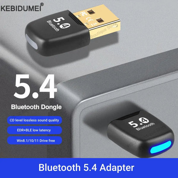 A black Bluetooth 5.4 dongle adapter plugged into a computer port, labeled as a Bluetooth 5.4 Adapter.