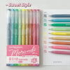 A set of nine Morandi retro gel pens in various colors displayed in a packaging box and on a white sheet.