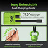 A green GaN fast charger with a long retractable cable demonstrating its 31.5-inch maximum length and durability.