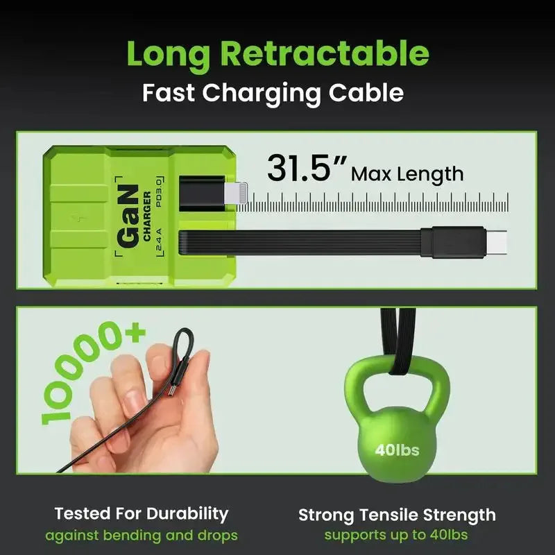 A green GaN fast charger with a long retractable cable demonstrating its 31.5-inch maximum length and durability.