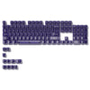 A close-up view of a purple mechanical keyboard featuring crystal clear RGB keycaps.