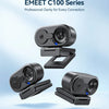 Ein Set professioneller EMEET C100 Serie Klarheits-USB-Webcams in verschiedenen Ausrichtungen.