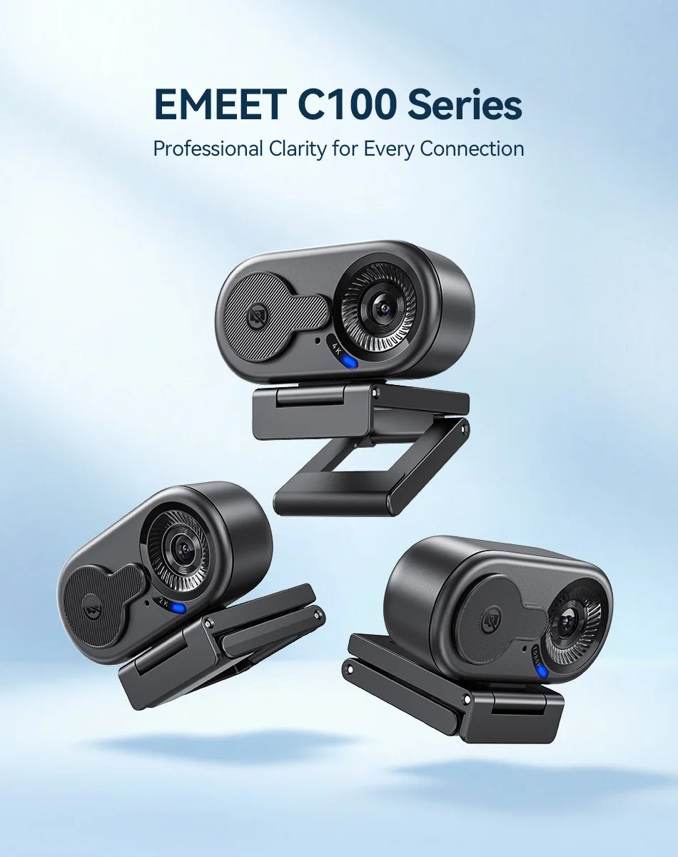 Ein Set professioneller EMEET C100 Serie Klarheits-USB-Webcams in verschiedenen Ausrichtungen.