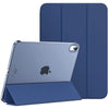 A silver iPad is shown in a blue slim stand case with a protective cover.