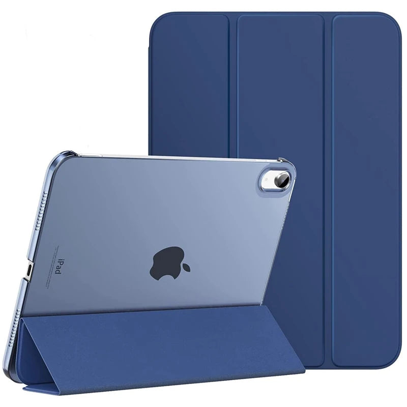 A silver iPad is shown in a blue slim stand case with a protective cover.