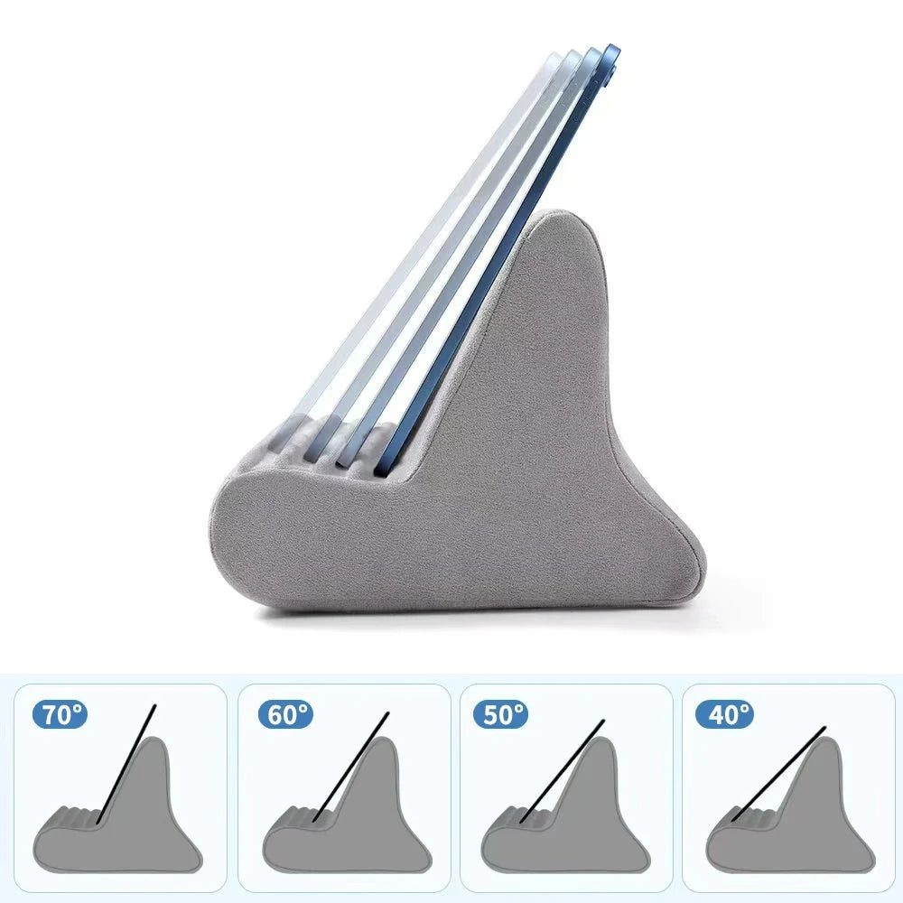 A gray multi-angle adjustable tablet and phone holder with blue sliding arms.