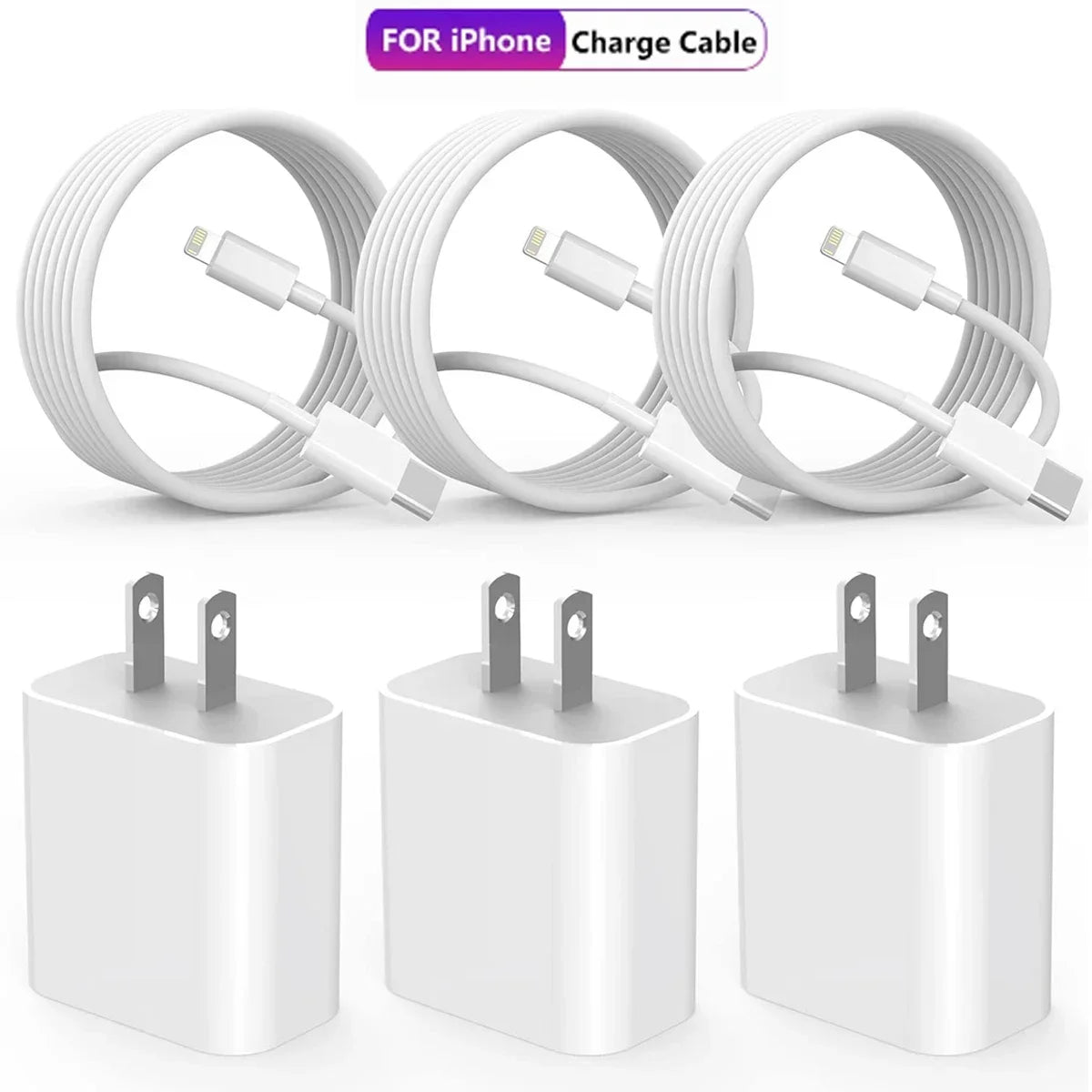 White coiled iPhone charge cables and a white USB-C fast charger adapter.