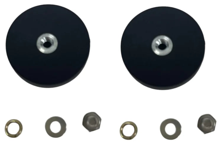 Black magnetic base mount bracket for LED lights shown with various sizes of mounting rings.