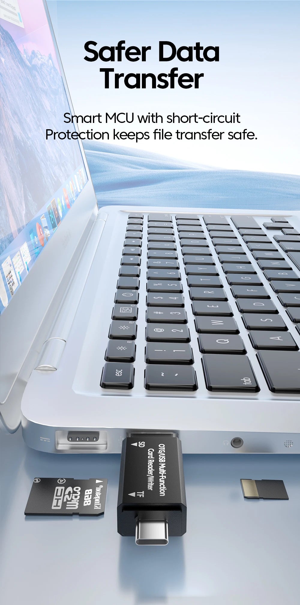 A laptop is shown next to a black USB-C to SD/TF card reader adapter, illustrating safer data transfer.