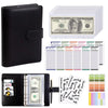 A black A6 PU leather budget binder with cash envelopes and a sheet of paper