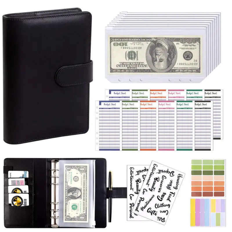 A black A6 PU leather budget binder with cash envelopes and a sheet of paper