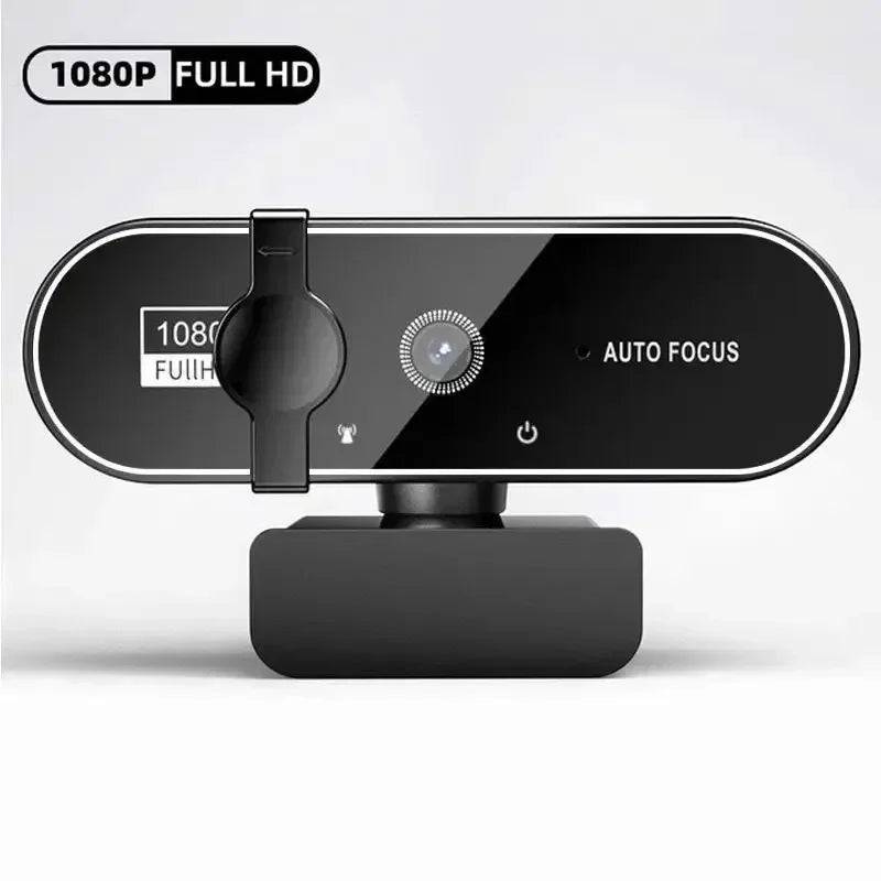كاميرا ويب سوداء بدقة 1080P مع ميزة التركيز التلقائي وميكروفون مدمج.