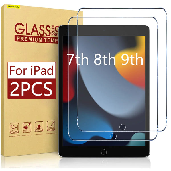 A box of glass screen protectors for iPad 7th, 8th, and 9th generations is shown next to a clear protective film.