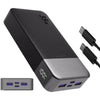 A black 35W fast charging power bank with a silver accent and LED display, shown from the side.