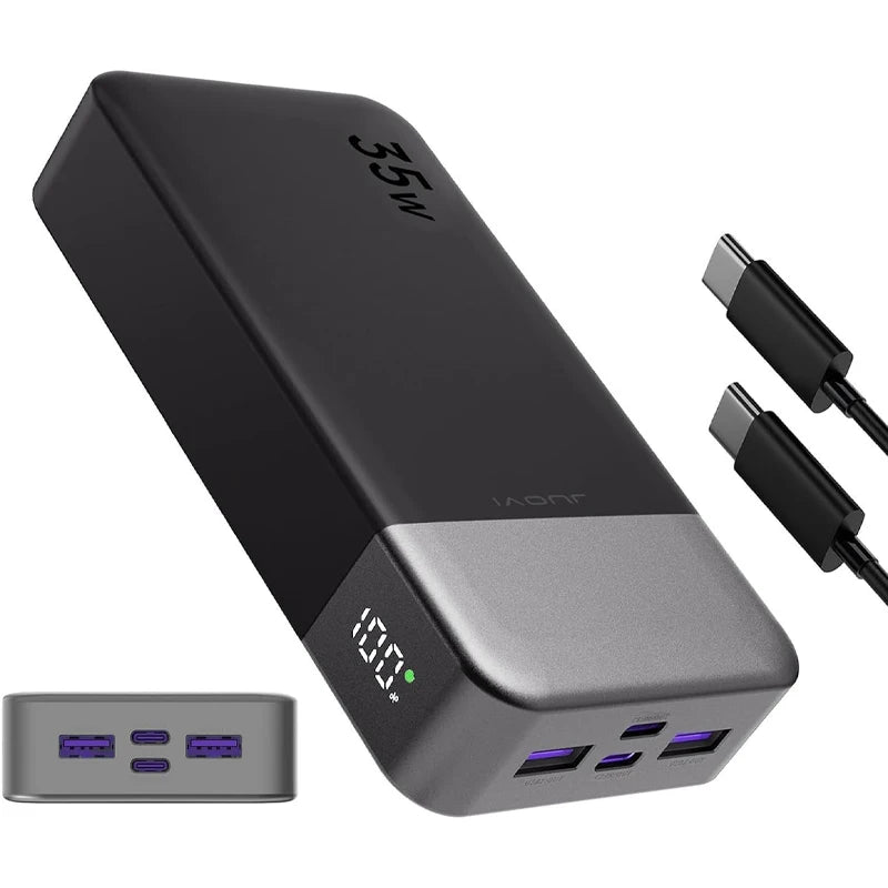A black 35W fast charging power bank with a silver accent and LED display, shown from the side.