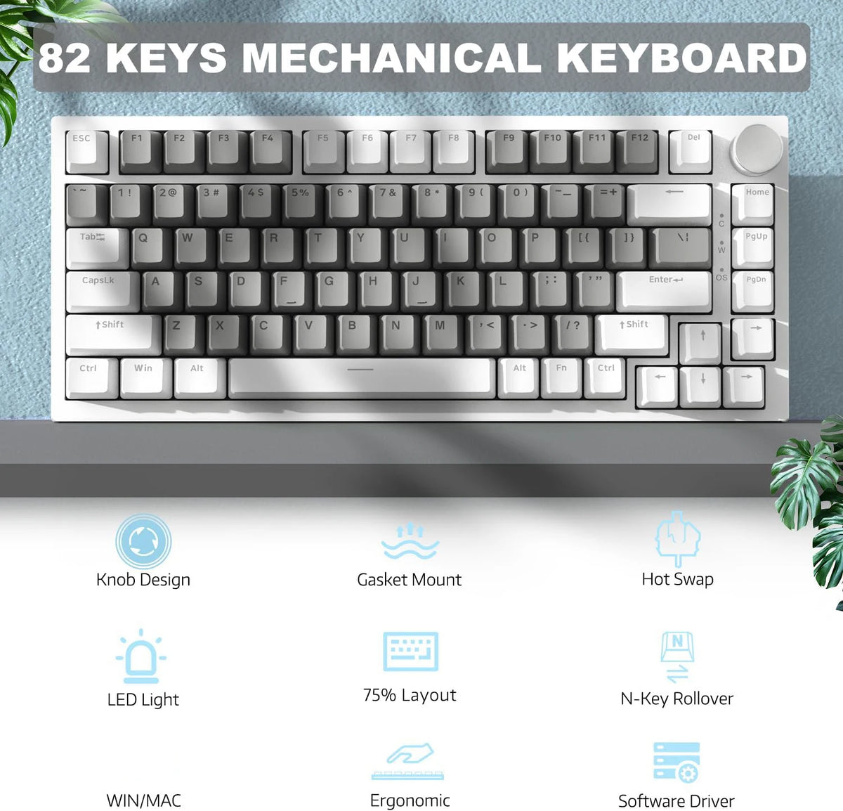 A close-up view of an AJAZZ AK820 mechanical keyboard featuring a rotary volume knob and various features.
