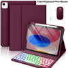 A purple multi-function case for an iPad showing the tablet, keyboard, pen, and mouse accessories.