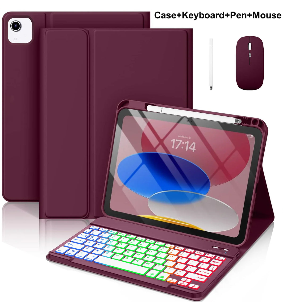 A purple multi-function case for an iPad showing the tablet, keyboard, pen, and mouse accessories.