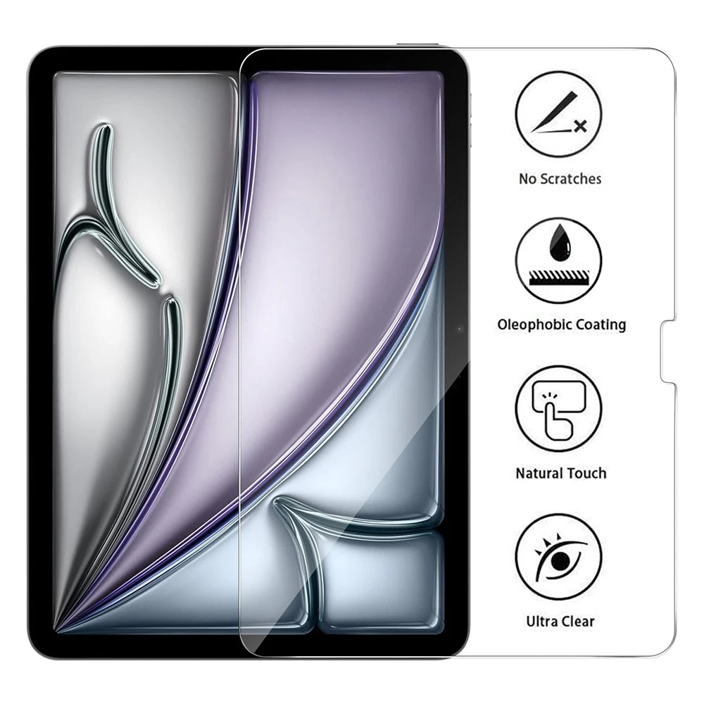 A package of two tempered glass screen protectors for an iPad, showing features like scratch resistance and oleophobic coatin