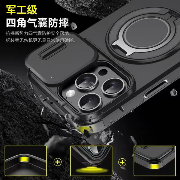 A close-up view of a black phone case with a sliding camera lens protection feature and kickstand mechanism.