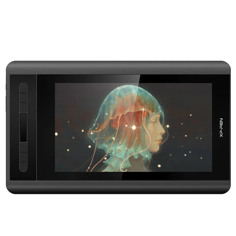 A black digital drawing tablet with an anti-glare screen protector displaying a glowing blue and orange portrait.