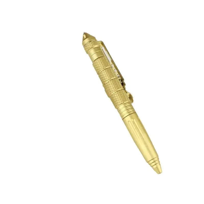 A gold-colored tactical aluminum pen with a textured grip and a pointed tip.