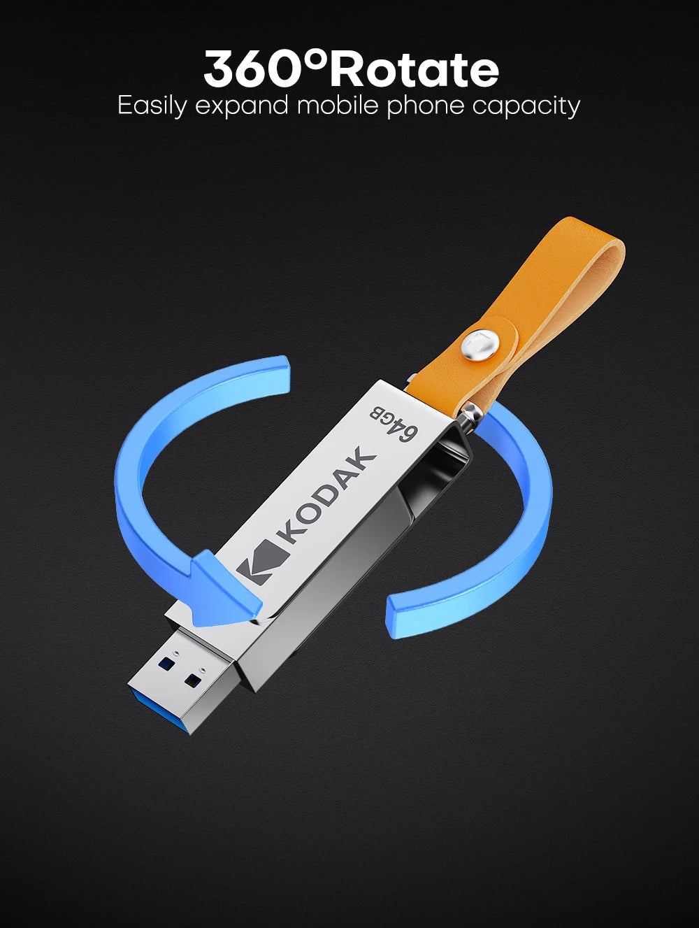 Kodak metal USB flash drive with a leather rope lanyard shown rotating on a dark background.