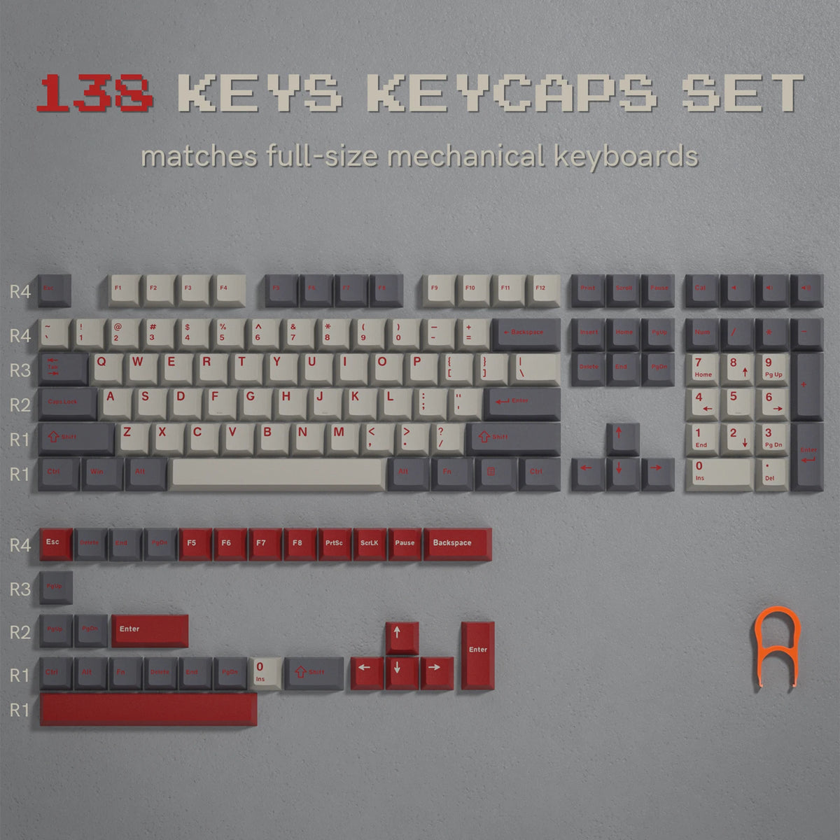 A set of 138 keys keycaps for full-size mechanical keyboards shown in various colors and layouts.