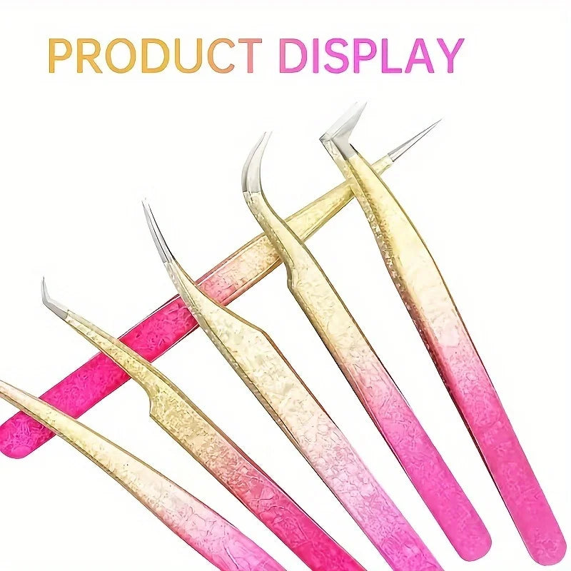 A display of precision eyelash extension tweezers featuring a gradient finish in pink and gold tones.
