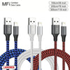 A set of MFi certified data cables in various lengths and colors, including blue, gray, and red, with Lightning connectors.