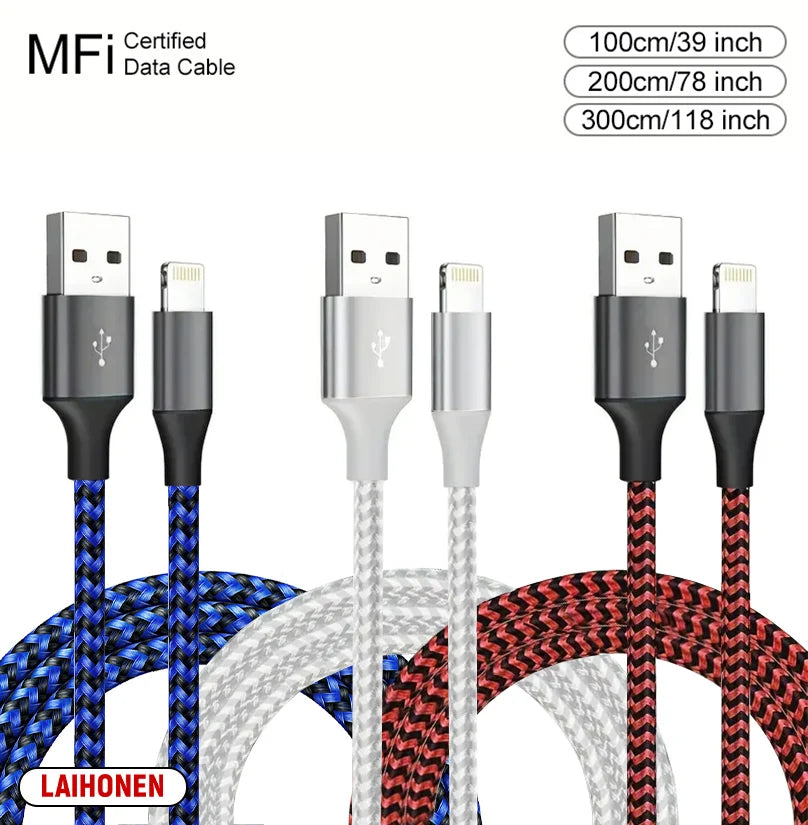 A set of MFi certified data cables in various lengths and colors, including blue, gray, and red, with Lightning connectors.