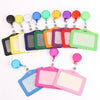 A collection of colorful retractable ID card holders with PU leather badge cases in various shades and colors.