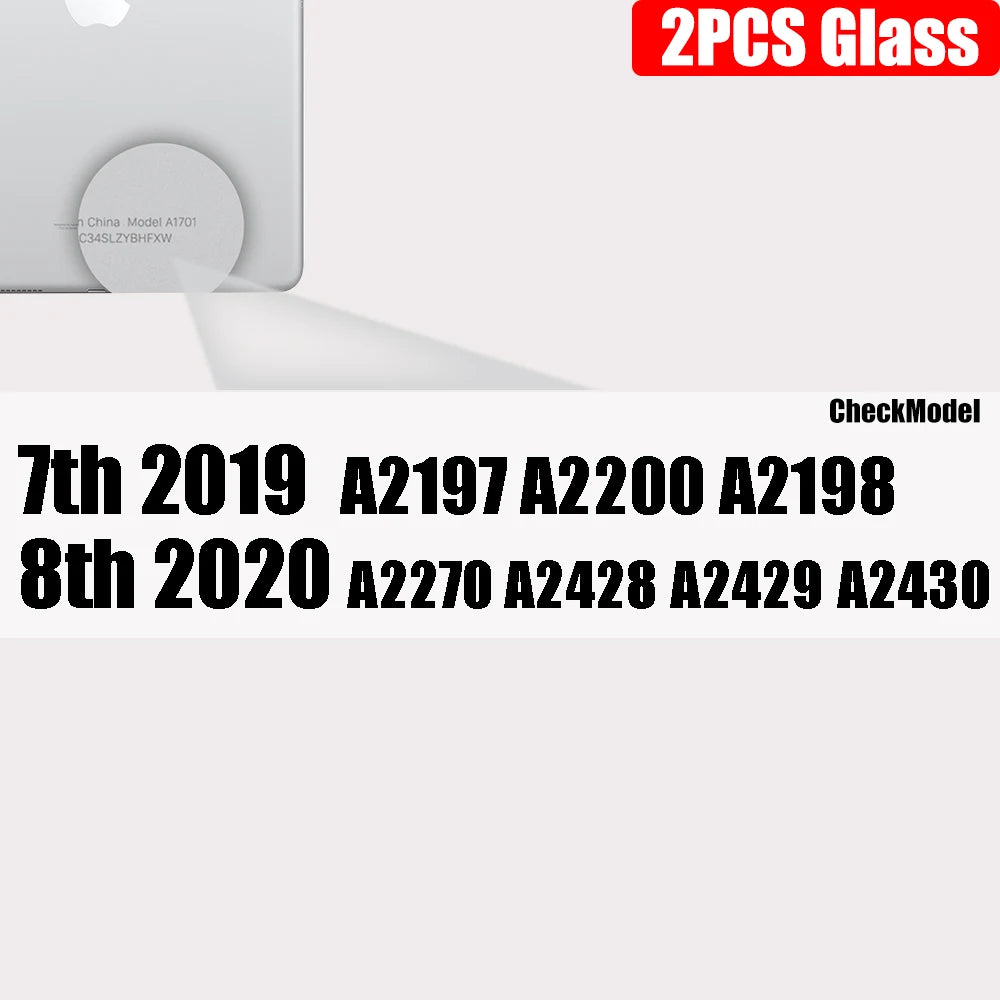 Zwei klare gehärtete Glasbildschirmschutzfolien für Apple iPads, mit verschiedenen Modellnummern und Daten beschriftet.