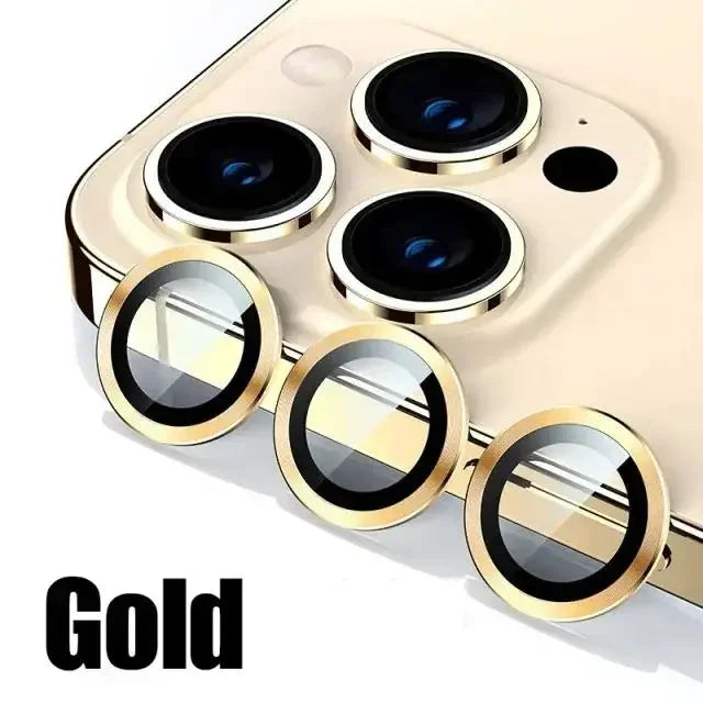 Durable, gold-colored tempered glass screen protector for an iPhone, showing multiple camera lenses.