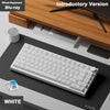 White AJAZZ AK820 mechanical keyboard with a blue keycap and a rotary volume knob displayed on a wooden surface.