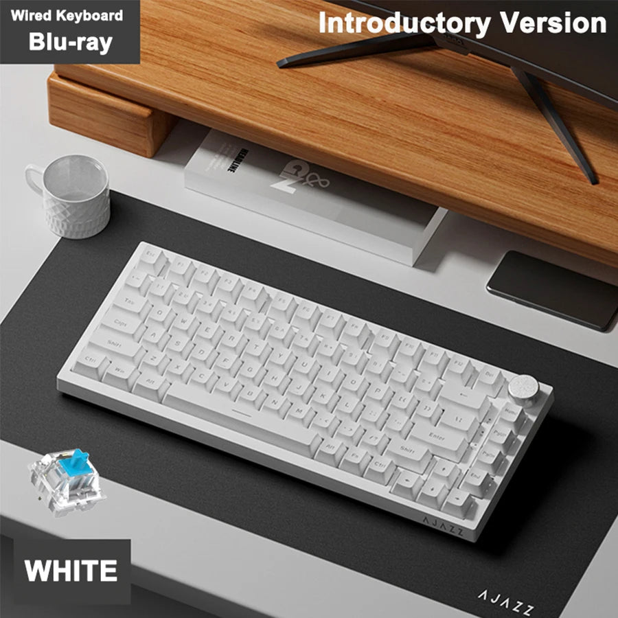 White AJAZZ AK820 mechanical keyboard with a blue keycap and a rotary volume knob displayed on a wooden surface.