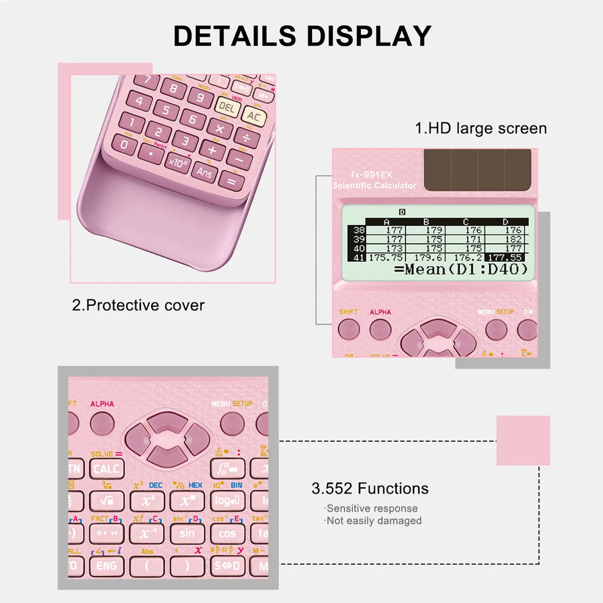 Display of an advanced scientific calculator featuring a pink protective cover and an HD large screen.