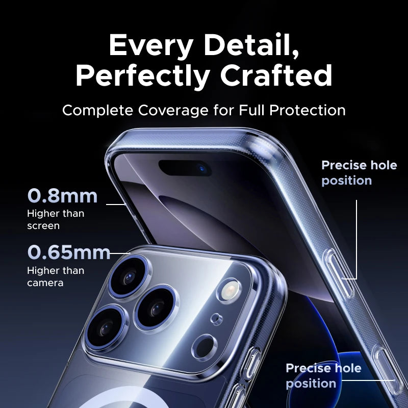 A close-up of a clear magnetic case for an iPhone showing coverage details and camera protection.