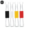 A set of four 2-in-1 stainless steel keycap and switch pullers in black, white, yellow, and red colors.