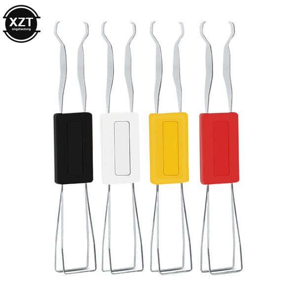 A set of four 2-in-1 stainless steel keycap and switch pullers in black, white, yellow, and red colors.