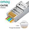 Close-up view of CAT5E shielded modular RJ45 connectors with 1.0mm through-hole diameter pins.