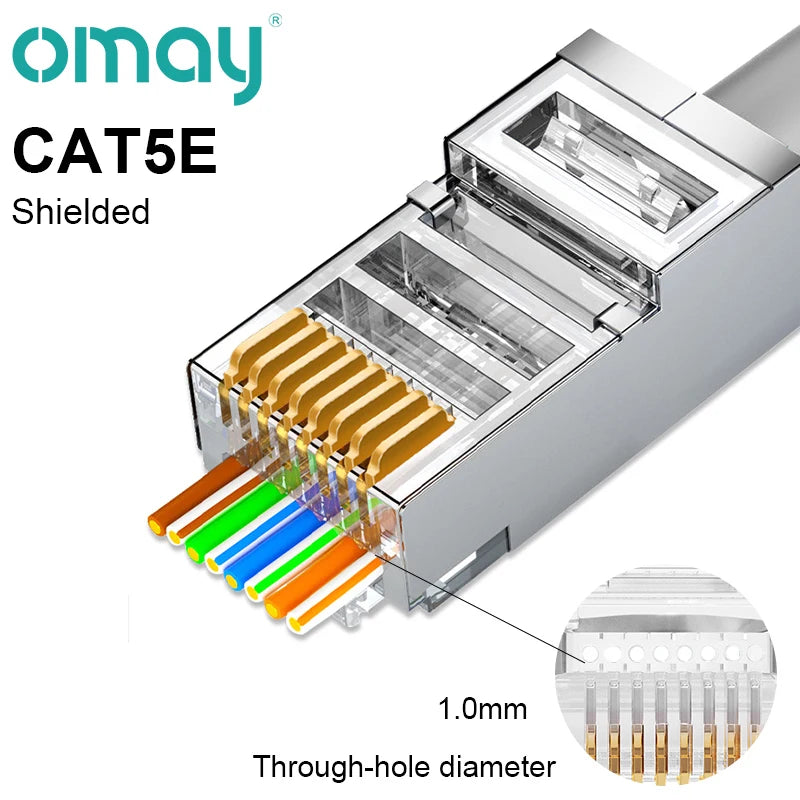 Close-up view of CAT5E shielded modular RJ45 connectors with 1.0mm through-hole diameter pins.