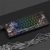 A close-up view of a mechanical keyboard featuring translucent Ukiyo-e style keycaps with intricate black and white designs.