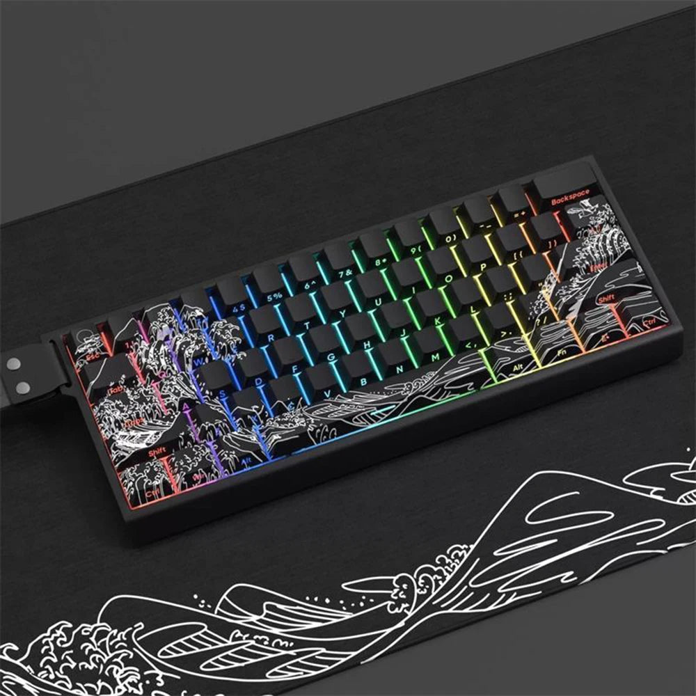 A close-up view of a mechanical keyboard featuring translucent Ukiyo-e style keycaps with intricate black and white designs.