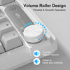 Close-up of a volume roller design feature on a membrane keyboard showing min and max settings for flexible operation